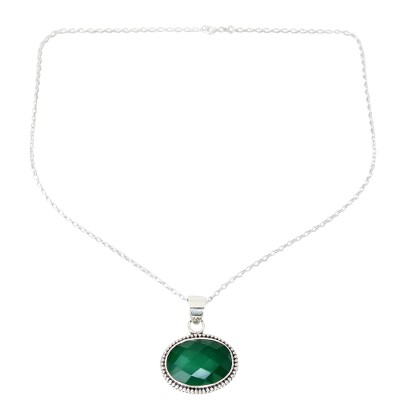 Lush Green Onyx Gem on Sterling Silver Necklace from India