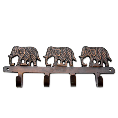 Key Holder Antiqued Elephants on Copper Plated Brass