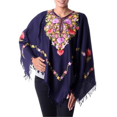 Dark Blue Wool Poncho with Pastel Flower Embroidery