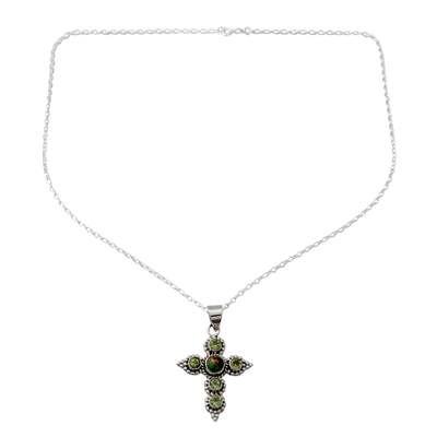 Artisan Crafted Peridot and Sterling Silver Cross Necklace