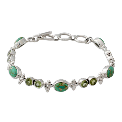 Peridot and Reconstituted Turquoise Silver Link Bracelet