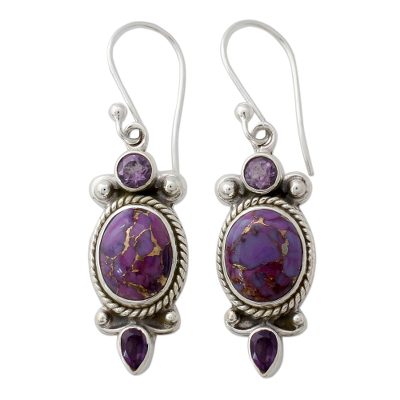 Indian Amethyst Dangle Earrings in Sterling Silver Settings