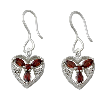 Hand Crafted Silver and Garnet Heart Shaped Dangle Earrings