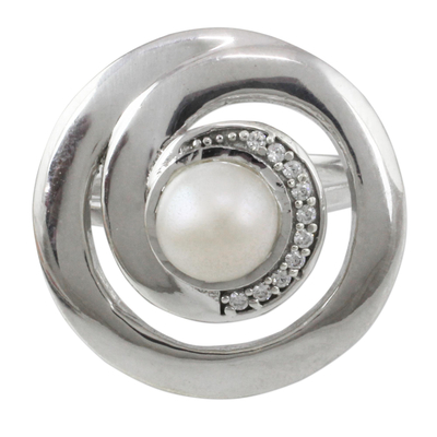 Contemporary Silver Cultured Pearl Ring with Cubic Zirconia