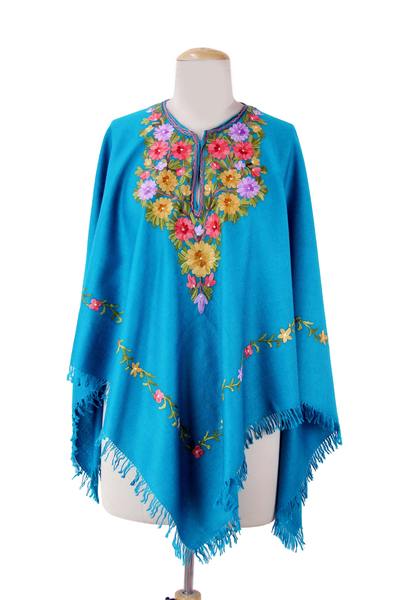 Artisan Crafted 100% Wool Blue Poncho with Floral Embroidery