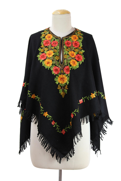 Black Wool Poncho with Lavish Chain Stitch Floral Embroidery