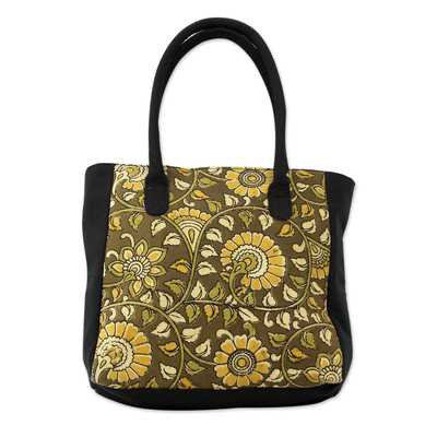 Indian Olive Color Cotton Tote Bag with Block Printed Leaves