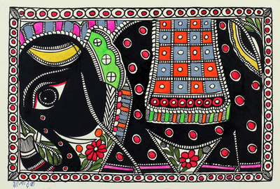 Indian Madhubani Painting of Elephant on Handmade Paper