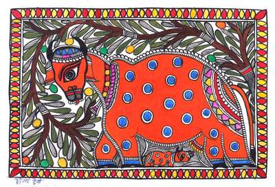 Madhubani Cow and Calf Painting from India