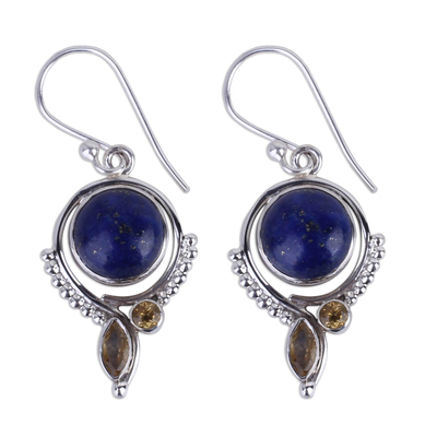 Handmade Lapis Lazuli and Citrine Dangle Earrings from India