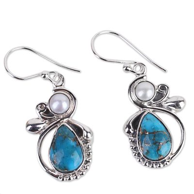 Silver 925 Cultured Pearl and Composite Turquoise Earrings