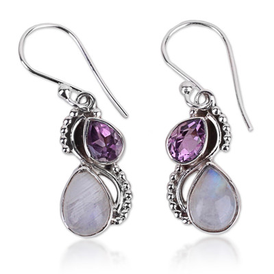 Silver and Rainbow Moonstone Earrings with Faceted Amethyst