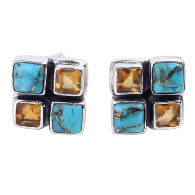 Citrine and Blue Composite Turquoise Button Earrings