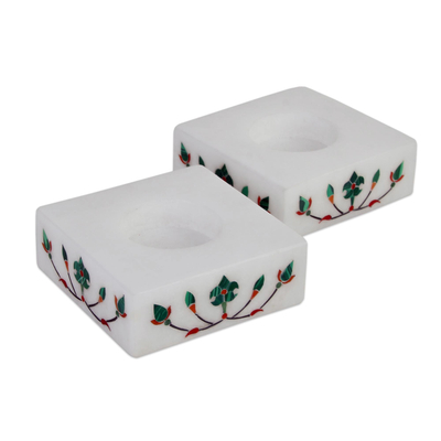 Square Marble Tealight Holders with Green Blooms (Pair)