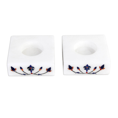 Square Marble Tealight Holder with Blue Blooming Buds (Pair)