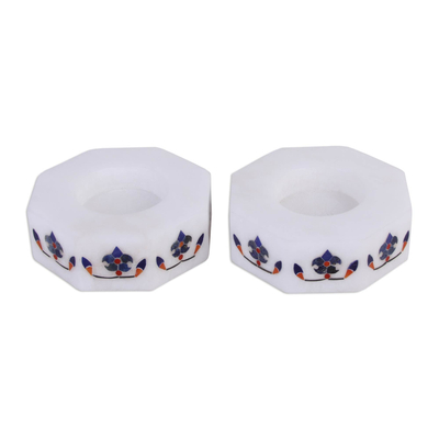 Octagon Marble Tealight Holders with Blue Buds (Pair)