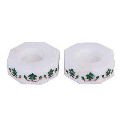 Octagon Marble Tealight Holder with Green Buds (Pair)