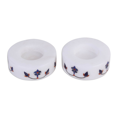 Round Marble Tealight Holder with Blue Blooming Buds (Pair)