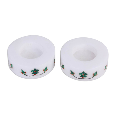 Round Marble Tealight Holder with Green Blooming Buds (Pair)