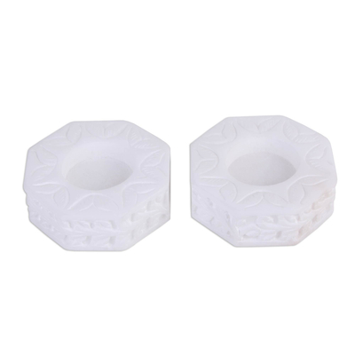 Octagon Marble Tealight Holder with Engraved Vines (Pair)