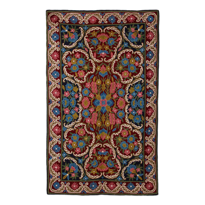Handmade Wool Chain Stitch Rug in Floral Pattern (3x5)