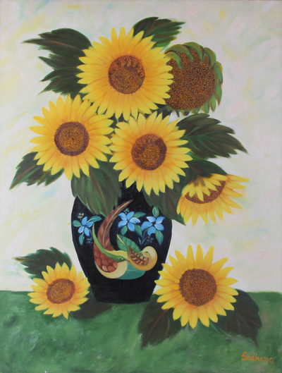 Sunflower Bouquet Oil on Canvas Painting from India