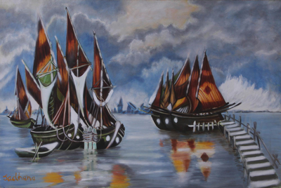 Ships in Water Oil on Canvas Painting from India