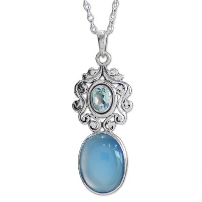 Handcrafted Blue Chalcedony and Topaz Pendant Necklace