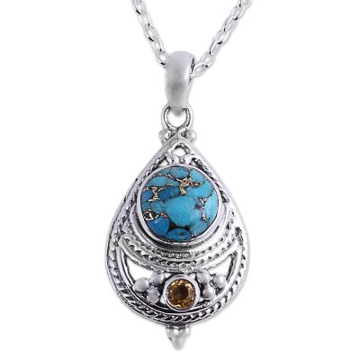 Citrine and Composite Turquoise Pendant Necklace from India