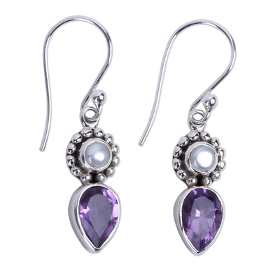 Amethyst and Cultured Pearl Earrings in Sterling Silver