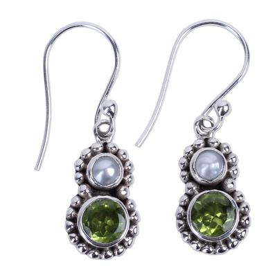 Petite Peridot and Cultured Pearl Silver Dangle Earrings