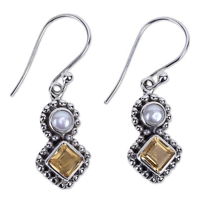 Citrine and Cultured Pearl Dangle Earrings in Silver 925