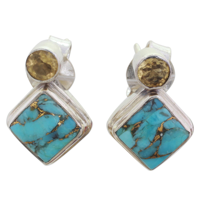 Indian Citrine Earrings with Composite Blue Turquoise