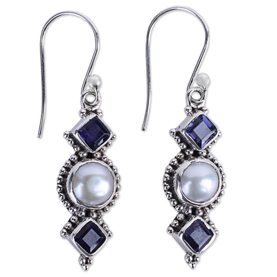 Iolite and Cultured Pearl Sterling Silver Dangle Earrings