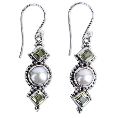 Peridot and Cultured Pearl Dangle Sterling Silver Earrings