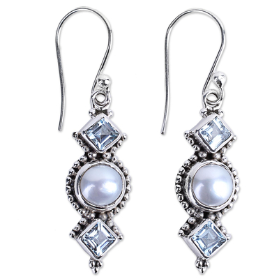 Blue Topaz and Cultured Pearl Sterling Silver Dangle Earring
