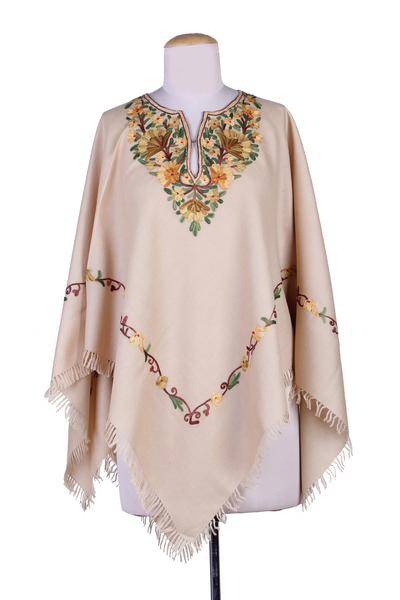 Aari Wool Poncho with Floral Motifs and Fringes from India