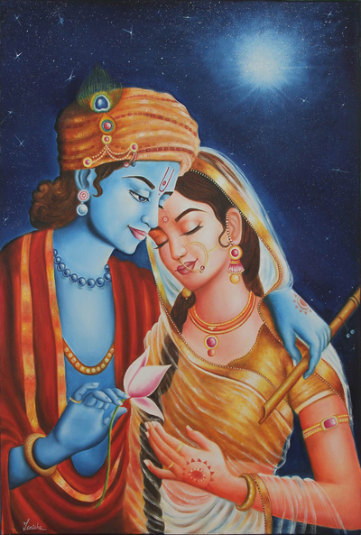 Original Oil on Canvas Painting of Krishna from India