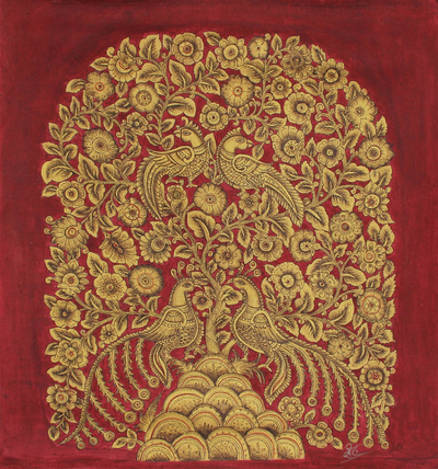Red and Gold Indian Acrylic on Canvas Painting of Nature