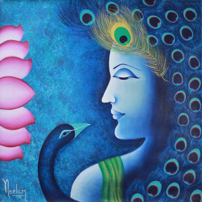 Original Signed Krishna and Peacock Painting in Blue
