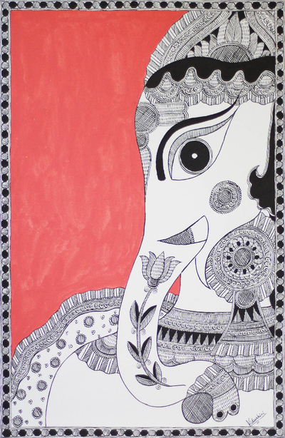 Ganesha Madhubani Folk Art Painting from India