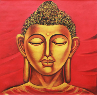 Portrait of Golden Buddha Meditating Signed Painting