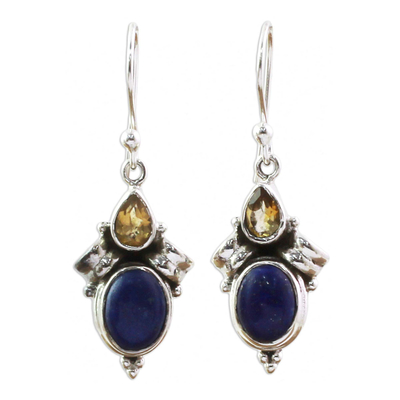 Citrine Lapis Lazuli Dangle Earrings from India