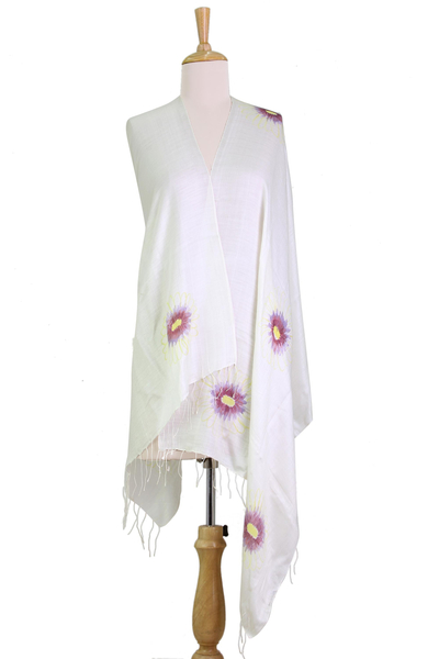 Hand Painted Silk Blend Shawl Aster Blossom from India