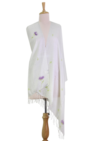 Hand Painted Silk Blend Shawl Purple Floral Blossom India