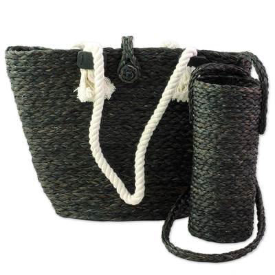 Black Tote and Bottle Holder Set Hand Woven Natural Fibers