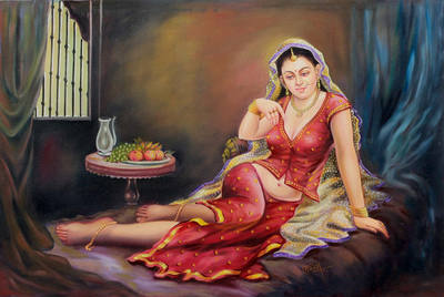Beautiful Jaipuri Queen in Red Signed Painting from India