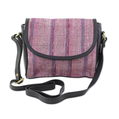 Leather Accented Cotton Messenger Bag in Raisin from India