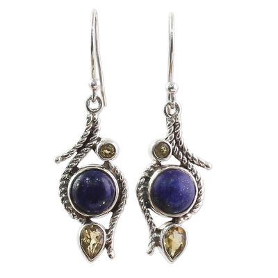 Lapis Lazuli Citrine Sterling Silver Dangle Earrings India