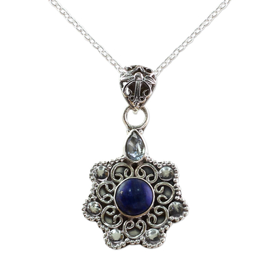 Silver Blue Topaz Lapis Lazul Pendant Necklace from India